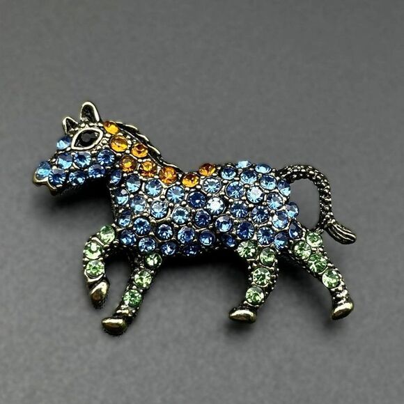Yellow Gold with Multicolored Crystal Pony Horse Pin Back Brooch - Picture 1 of 7